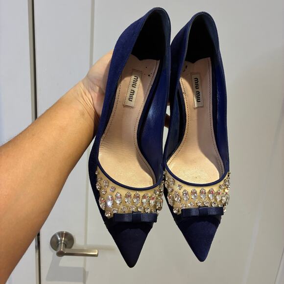 Miu Miu Navy Suede Embellished Pointy Heels Sz 39 - Picture 3 of 10